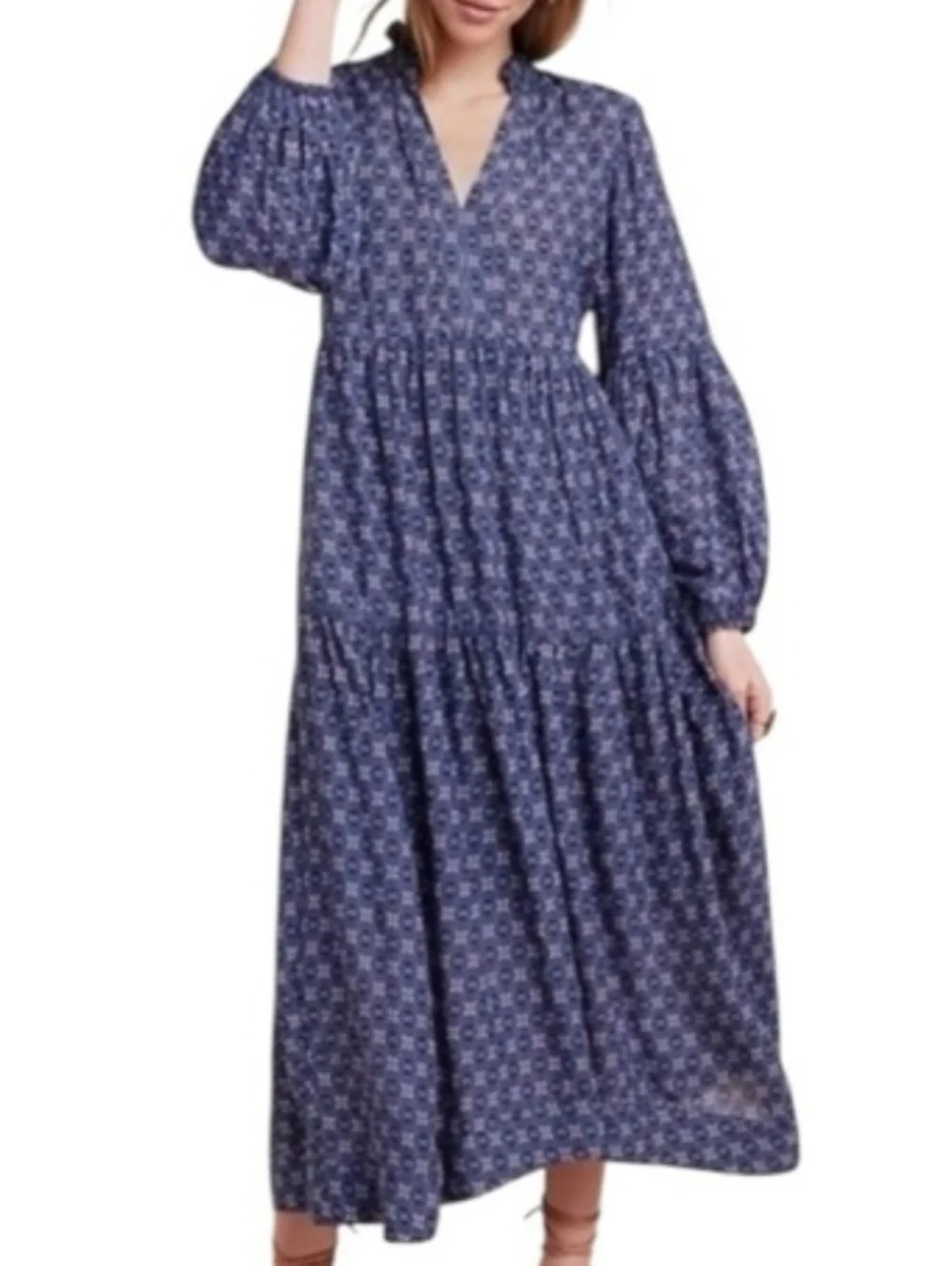 Maeve by Anthropologie Tamarind Tiered Blue Floral Long Sleeve Maxi Dress Size S